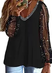 [Generic] Womens Plus Size Glitter Sequin Sheer Mesh Casual Long Sleeve Shirts Sexy Sparkle Dressy Fashion V Neck Tunic Top Blouse