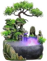 WEMAKMAK 11" Mini Cascade Shape Bonsai Stone Fountain with Led Lights and Atomizer - Artificial Table Decoration, Small Stone Fountain with Air Purification And Humidifying Features Pa
