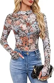 [Ausing] Women Long Sleeve See-Through T-Shirt Casual Printed T-Shirts Girls Sexy Stretchy Tops Basic Slim Fit Top Fashion Plus Size Tshirt S-XXL