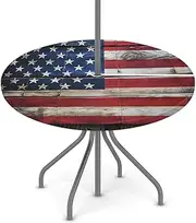 Round Outdoor Fitted Tablecloth with Umbrella Hole, American Flag Wooden Texture Elastic Table Cloth Waterproof Table Cover with Zipper for Patio Picnic, 45"-56"