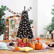 Costway 135CM Artificial Halloween Tree with 6 Lighting Modes & 5 Musics, Black Christmas Tree w/ 281 Branch Tips, 65 Orange Pumpkin Lights & 65 Cold White Ghost Lights, Pre-lit Spooky Tree for Party