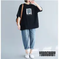 在飛比找momo購物網優惠-【YOUNGBABY】韓版方格貓咪印花接袖寬鬆棉T 中大尺碼