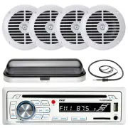 Pyle Single Din Marine Bluetooth USB Radio, Cover, Antenna, 5.25"Marine Speakers