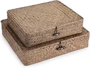 Hipiwe Set of 2 Flat Woven Wicker Storage Bins with Lid Natural Seagrass Basket Multipurpose Home Boxes for Shelf Organizer (Coffee)