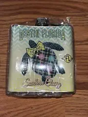 Destin Florida Beach Scene Metal Whiskey Flask with screw on / off attached cap