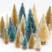 Mini Christmas Trees Artificial Christmas Tree Bottle Brush Trees with Wooden Base for Christmas Decor Christmas Party Home Table Craft Decorations (24 Pcs Green+Gold)