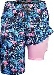 [FT FENTENG] Mens Swim Trunks with Compression Liner 9" Built-in Board Shorts 2 in 1 Quick Dry Bathing Suits with Zipper Pockets