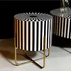 Bone Inlay Strip pattern Table Modern Round Side, Black and White Striped Gold