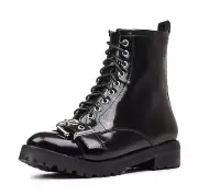 Jeffrey Campbell Women Leather Boots Combat Black, SLAM BUCKLE STRAP, Sz 6