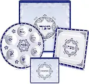 FoldTier 4 Pcs Passover Seder Plate Set Includes Round 12 Inch Renaissance Seder Plate, 8 Inch Square Matzo Tray, 3 Pocket Silk Matzo Cover, Zipper Afikoman Bag for Pesach Decoration Dinnerware