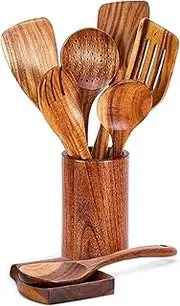Wooden Spoons for Cooking, Natural Teak Wooden Utensils for Cooking Non-Stick Wooden Spatula Set Comfortable Grip Wood Kitchen Utensils (9 PCS-Wood)