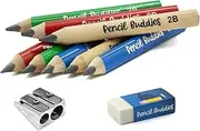 Short Jumbo Kids Pencils for Preschoolers, Kindergarten, Toddlers & Beginners - 8 Triangular 2B Pencils & Sharpener, Fat for Ages 2-6 (Multi Color)