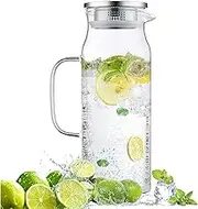 2L 68 Oz g Glass Water Jar with Lid and Handle, Refrigerator Jar, Iced Tea and Homemade Juice Jar, Heat-Resistant Borosilicate Glass Hot/Cold Water Jar.