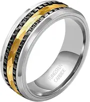 [TGNEL] 8mm Hammered Tungsten Carbide Mens Wedding Band Rings Durable, Unique Design Gear Engraving Tungsten Engagement Ring Step Edges Polished Comfort Fit Size 8-14
