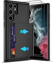 for Samsung Galaxy S22 Ultra Case with Card Holder and (2 Pcs) HD Screen Protector, Slim Heavy Duty Dual Layer Shockproof Design & Hidden Card Slot Wallet Case for S22 Ultra-Black