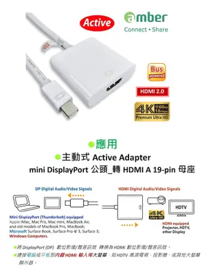 amber mini DisplayPort轉HDMI 2.0 Premium 4K@60Hz主動式 (6.1折)