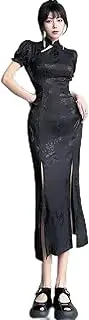 [JIMINISO] Gothic Black Satin Jacquard Front Slit Long Cheongsam Dresses for Women Cosplay Party Dress Qipao