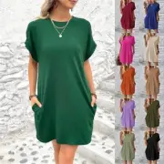 Women Summer T-shirt Dress Short Sleeve Dress Casual Loose Pockets Plain