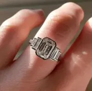 Bezel Set 3CT Emerald Moissanite Side Baguette Stone Wedding Ring 14K White Gold