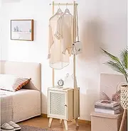 Coat Rack with Bedside Table, Bamboo Coat Stand with 2-in-1 Nightstand & 2 Hooks for Hats, Bags & Coats, Freestanding Hanger Stand Hall Tree for Entryway, Bedroom, Living Room,C