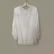 Chico's White Boho Split Side Rayon Cotton Lace Trim Tunic Top Size 2 NEW $99