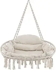 Costway Swing Chair, Hand-Woven Rope Hanging Chair with Thick Cushion & Folding Metal Frame, Macrame Hammock Chair, Boho Swinging Accent Chair, Holds up to 150 KG, Beige
