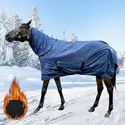Waterproof Horse Turnout Blanket，Heavy Weight Winter Turnout (400g Fill) with Neck Cover，Horse Rain Sheet - Blue - 72 in