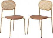 OIKITURE Dinning Chair 2PCS, PU Leather Dining Chair with Metal Legs, Accent Chair w/Rattan Backrest, Ergonomic Chair Set for Kitchen Dining Room Cafe Office, Brown