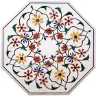 Octagon White Marble Office Table Antique Pattern Inlay Work Coffee Table Top
