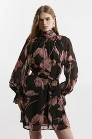 Georgette Tie Neck Woven Mini Dress