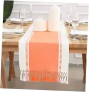 Dobby Stripe Woven Table Runner with Tassels, 14 X 72 Inch Orange and H.White