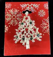 Silver Tone Christmas Tree with Green & Red Crystals BROOCH Pin NEW w/Tag