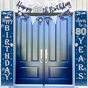 80th Happy Birthday Decorations for Men, Blue Silver 80th Happy Birthday Door Porch Sign Banner Backdround, Happy 80th Birthday Banner Bunting Triangle Flags for 80th Birthday Party Decorations