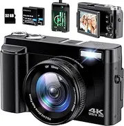 Digital Camera 4K, 48MP 16X Digital Zoom Photo Camera, 180° Flip Screen Compact Camera with Auto Focus, Flash, Night Vision, Camera with Charging Station, 2 Batteries, 32GB Card for Beginners,