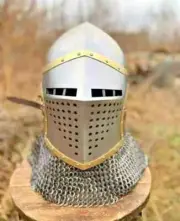 Medieval Combat Bascinet Chainmail Helmet Crusader Helmet with Chainmail Helmet