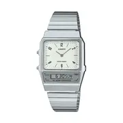 Casio Duo Retro Colour Dual Time Alarm StopwatchWhite Face Stainless Steel Band AQ800E-7A2