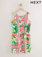 Red Floral Fruit Print Scoop Back Mini Shift Dress With Linen (AY5031) | $64