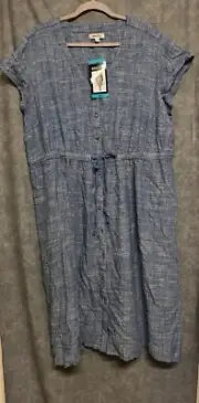 New size 2X Briggs dress linen blend blue button front drawstring waist