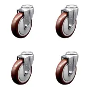 5 Inch SS Maroon Polyurethane Wheel Swivel Bolt Hole Caster Set Service Caster