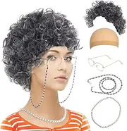 Old Lady Costumes Wig Set for Kid/Adult Halloween Cosplay, School Stage Play, Christmas Dress up Outfit Accessories