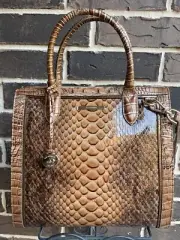 NWT $415 Brahmin Caroline Macchiato Mansouri Satchel Leather snake neutrals