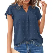 Nevenka Womens Ruffle Shirts V Neck Short Sleeve Pom Chiffon Blouses Tops-Blue