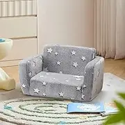 Playpals Kids Sofa Couch 2-in-1 Kids Flip Out Sofa, Convertible Sofa Bed to Lounger with Cute Star Designs, Glow in The Dark, Removable Washable Cover, Kids Couch for Kids Girls Boys, Grey