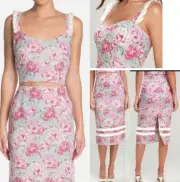 Wayf Tamera Light Blue & Pink Peony Floral Fringe Crop Top Midi Skirt Set NWT