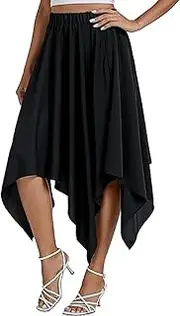 [Generic] Women's Asymmetrical Hem Elastic High Waist A-Line Swing Solid Midi Skirt