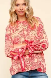Haptics Ribbon Bow Detail Floral Round Neck Blouse Chic