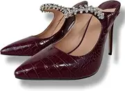 [Frankie Hsu] Stiletto High Heeled Mules, Red Dark Croc Print Slip On Rhinestone Crystal Strappy, Sexy Ladies Luxury Big Large Size US5-14 Unisex Shoes for Women Men