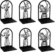 3 Pairs Decorative Bookends for Shelves, 6 Pcs Black Metal Bookends, Non-Slip Book Stopper with Floral Motifs, Book Ends for Heavy Books, Book Shelf Holder for Home Office Library School Desk (Black)