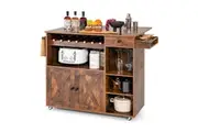 Costway Mobile Kitchen Island Trolley Buffet Serving Cart Wine Rack Shelf w/Glass Holder Rustic Brown