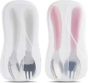 2-Set Toddler Fork and Spoon Set Kirecoo Baby Utensils Set with Carrying Case, Designed for Self Feeding and Training Child Tableware Travel Set (White & Pink)